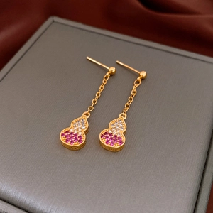 Golden gourd earrings with purple and white zircon crystals and delicate tassel chain