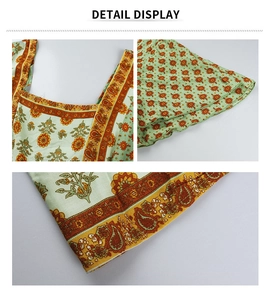 Detail display of square neckline and paisley pattern on floral boho maxi dress