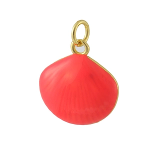 Macro shot of red shell pendant with 18k gold plating and polished metal jump ring