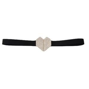 Elastic black waist belt featuring a sparkling rhinestone heart buckle for elegant styling