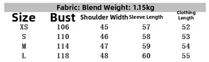 Size chart for long sleeve insulated jacket showing bust and shoulder measurements in CM