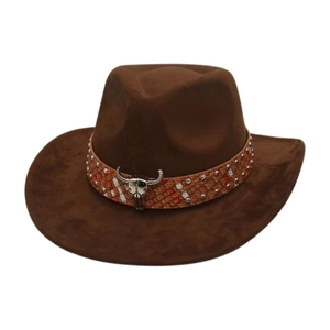 Brown faux suede western cowboy hat with studded leather band and silver bull head icon