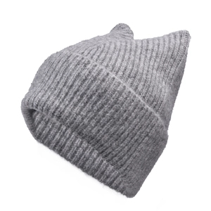 Detail of dark grey knit beanie featuring cute cat ear design and ribbed texture