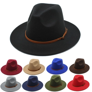 Vintage British Style Jazz Fedora Hat Polyester Felt Wide Flat Brim Brown Leather Belt Metal Buckle Retro Unisex