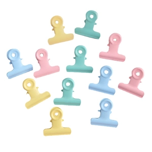 Set of 12 colorful candy-colored metal paper clips in pastel pink, yellow, and blue