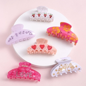 Elegant Large Hair Claw Clips Acrylic Shark Clips Rhinestone Heart Flower Cherry Pattern For Women Girls Sweet Styling