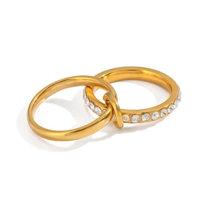 Double-layered 18K gold plated geometric ring with interlocking zircon crystal band