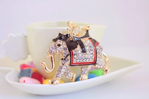 Detailed close-up of a sparkling rhinestone running elephant keychain with colorful enamel
