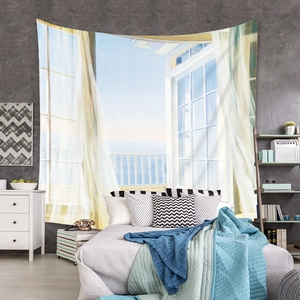Detail of landscape tapestry featuring white window frame and sea view for wall decor