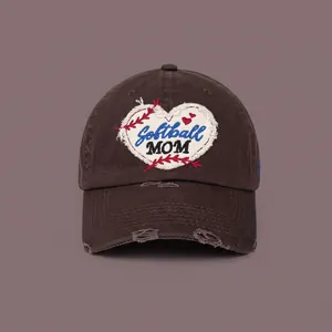 Deep brown vintage baseball cap with Softball MOM heart embroidery and distressed brim