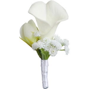 Elegant white calla lily wedding boutonniere with baby's breath and white silk ribbon