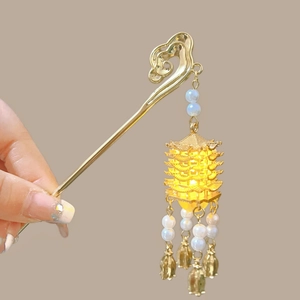 Luminous Yellow Crane Tower hair pin with golden clouds and dangling pearl tassels