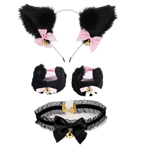 Detail of plush cat ear headband, bell choker, and wristbands for cosplay costume