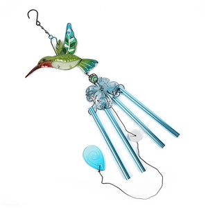 Detail of metal hummingbird wind chime with blue tubes and painted glass ornaments