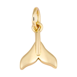 Close-up of a polished gold whale tail pendant featuring a smooth metallic finish