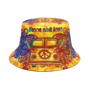 Psychedelic Peace and Love bucket hat with colorful vintage bus and floral patterns