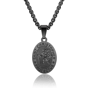 Detailed macro view of black Saint Christopher pendant necklace with protector engraving
