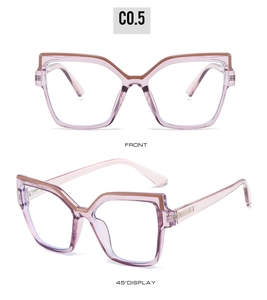 Front and 45-degree angle views of transparent pink geometric cat-eye glasses frames