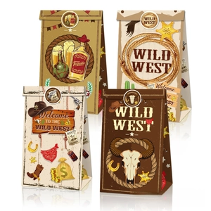 Détails des sacs cadeaux de fête cowboy avec motifs du Far West, shérif et chapeaux