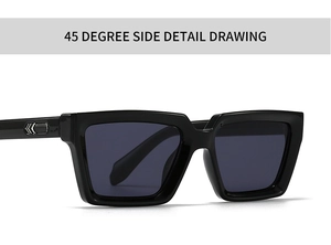 Detail view of black square sunglasses with silver arrow metal hardware and grey lenses