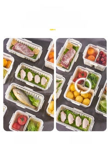 Detail of transparent fridge organizer with white drainage basket for fresh food storage