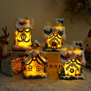 Christmas Luminous House Ornament Resin LED Light Snow Covered Miniature Building Village For Holiday Desktop Decor