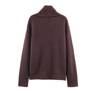 Deep brown turtleneck ribbed knit sweater for women with long sleeves in slim fit design