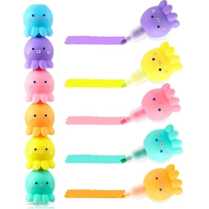 Set of six colorful octopus-shaped highlighters with transparent barrels on white background