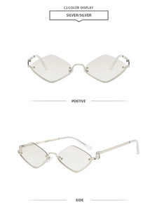 Détails de lunettes de soleil sans monture en forme de losange argenté, faces et profil