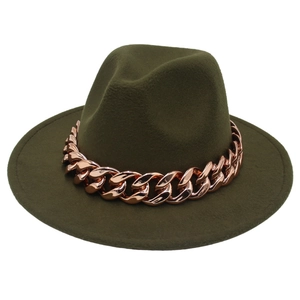 Olive green fedora hat featuring a chunky rose gold chain band on a white background
