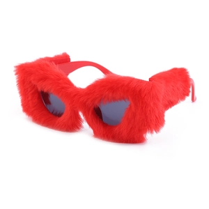 Fashionable red plush cat-eye sunglasses for women with unique textured furry frame design