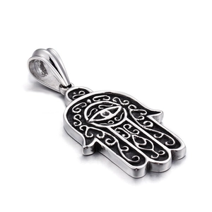 Vintage silver Hamsa Hand pendant with evil eye motif in polished stainless steel