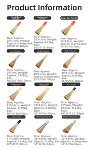 Size chart showing 12 types of bamboo kitchen brushes with handle specifications and weight