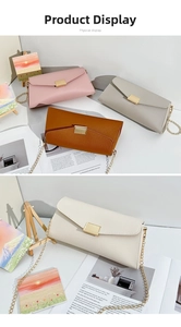 Litchi pattern leather envelope chain bags in pink, grey, and beige with gold clasps