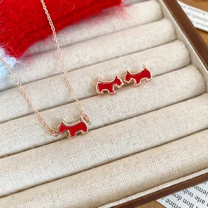 Red Scottish Terrier necklace and earrings set with rose gold plated chain and enamel finish