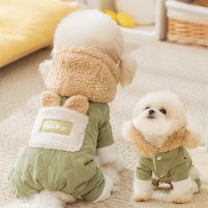 Quilted winter dog jumpsuit in bean green with fleece collar and lucky patch