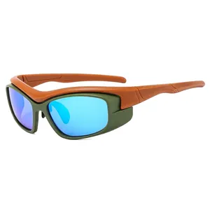 Y2K sporty outdoor sunglasses with orange and green frame and blue mirrored lenses