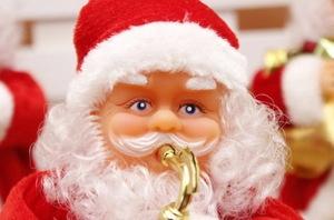 Close-up of electric climbing Santa Claus doll with detailed velvet suit and beard