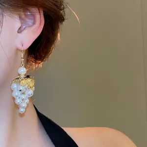 French vintage grape cluster earrings with white pearls and golden leaf drop hooks