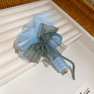 Blue organza flower hair rope with bow and telephone wire band for sweet cute girls.