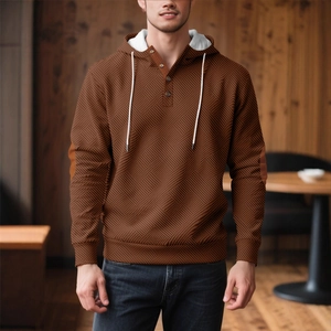 Men's dark brown hooded sweatshirt with jacquard texture and button neckline