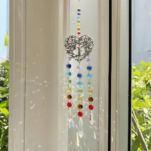 Suncatcher tree of life pendant with silver heart frame and colorful crystal prisms