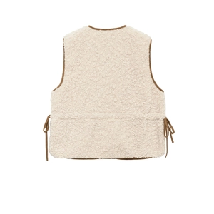 Women's faux shearling vest in beige with brown side ties and contrast trim detail