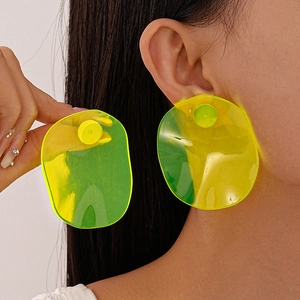 Macro view of neon yellow oval resin earrings showing translucent texture and large size