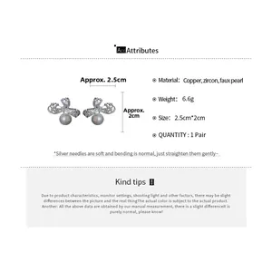 Detailed size parameters of bowknot pearl earrings with cubic zirconia and silver needles