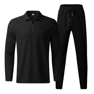 Survêtement homme en maille gaufrée noire avec polo à zip et pantalon de jogging