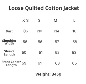 Detailed size chart for animal print quilted jacket showing chest and sleeve measurements