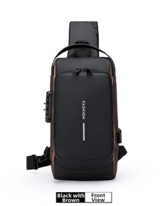 Macro detail of anti-theft combination lock and USB charging port on the chest bag