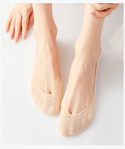 Close-up of ultra-thin skin-toned ice silk invisible socks with seamless edges on feet