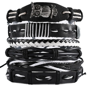 Retro multi-layer braided leather bracelet set for men with a metal owl charm in black and white